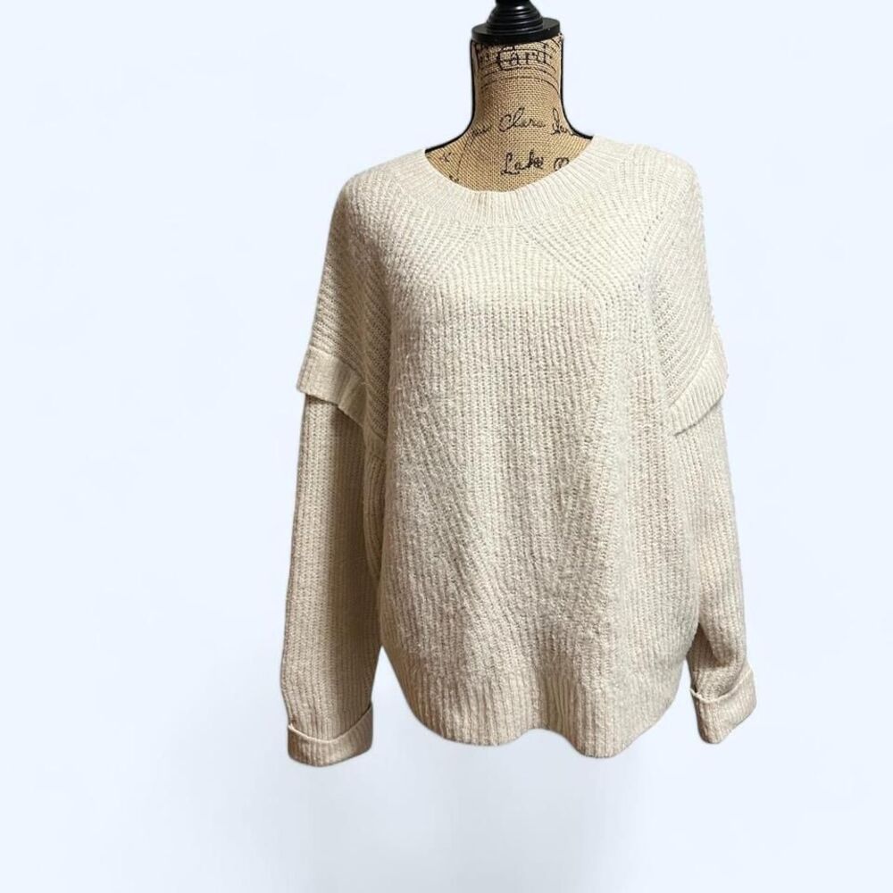 Express Cream Oversised Sweater with Ruffle on Sleeves Fuzzy Cozy Size L